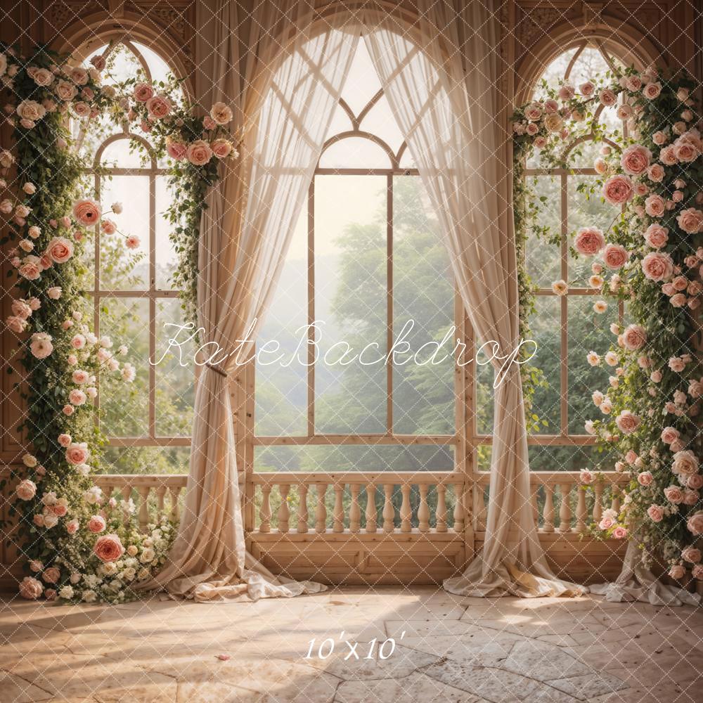 Kate Spring Pink Flowers Window Room Fleece Backdrop Designed by Emetselch