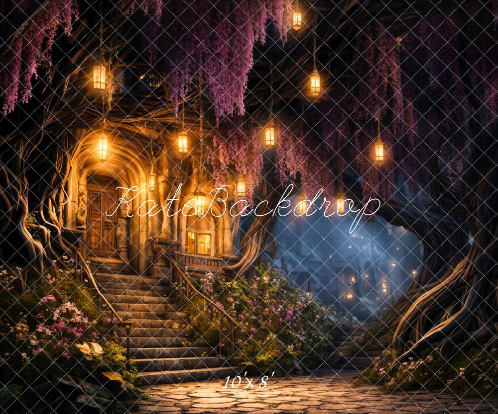 Kate Spring Night Lights Forest Cabin Backdrop Designed by Chain Photography