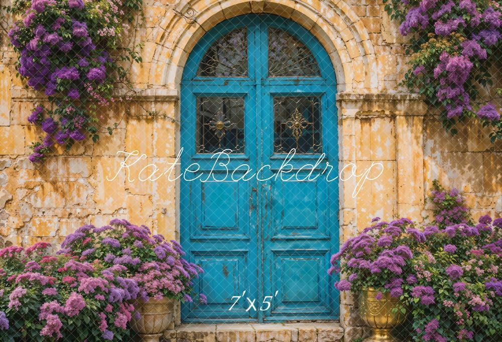 Kate Spring Purple Flowers Blue Wooden Door Backdrop Designed by YL