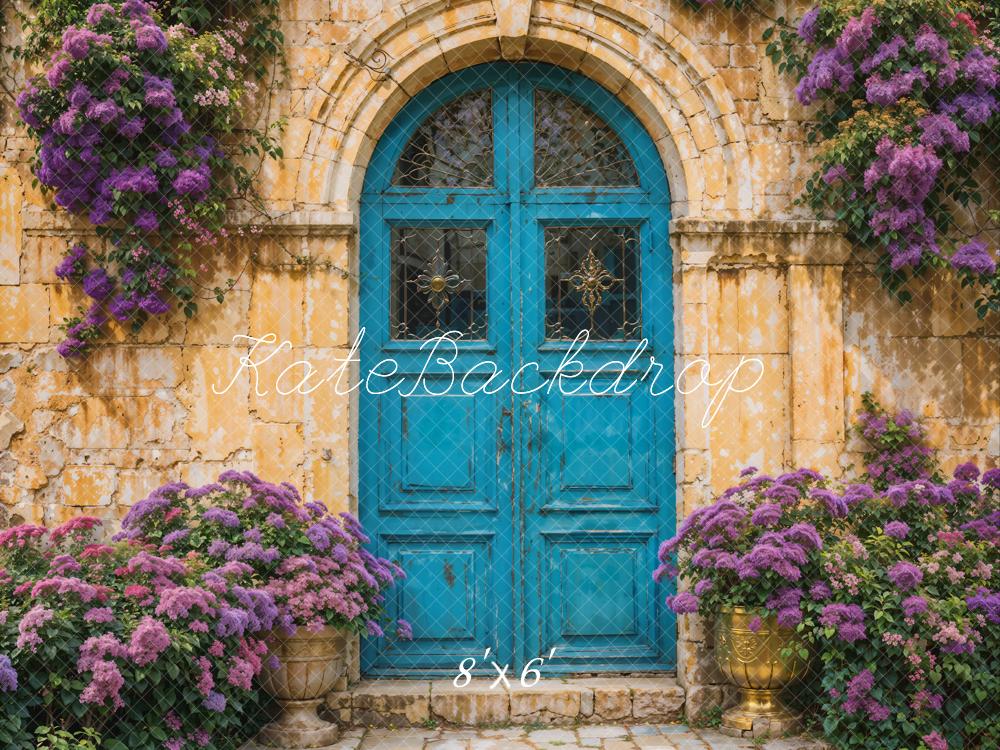 Kate Spring Purple Flowers Blue Wooden Door Backdrop Designed by YL