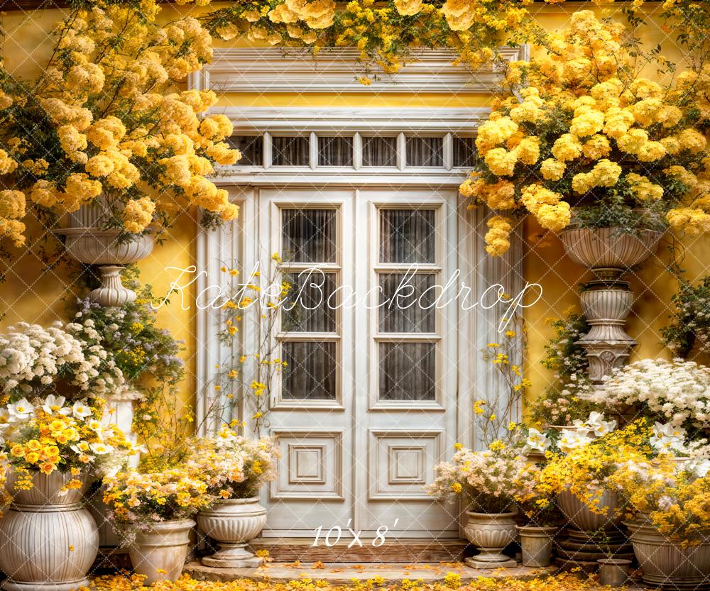 Kate Spring Yellow Flowers Wooden Doors Backdrop Designed by Emetselch