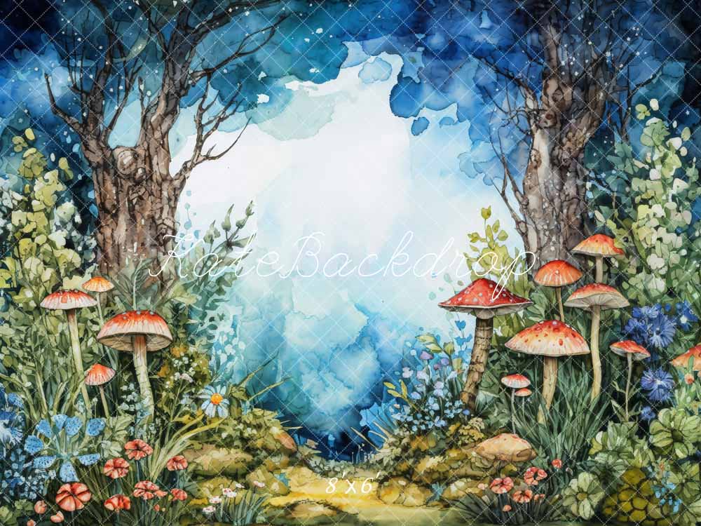 Kate Animated Mushroom Forest Blue Backdrop Designed by Chain Photography