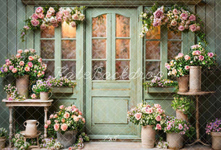 Kate Pet Spring Flowers Green Wooden Door Printed Backdrop Designed by Emetselch