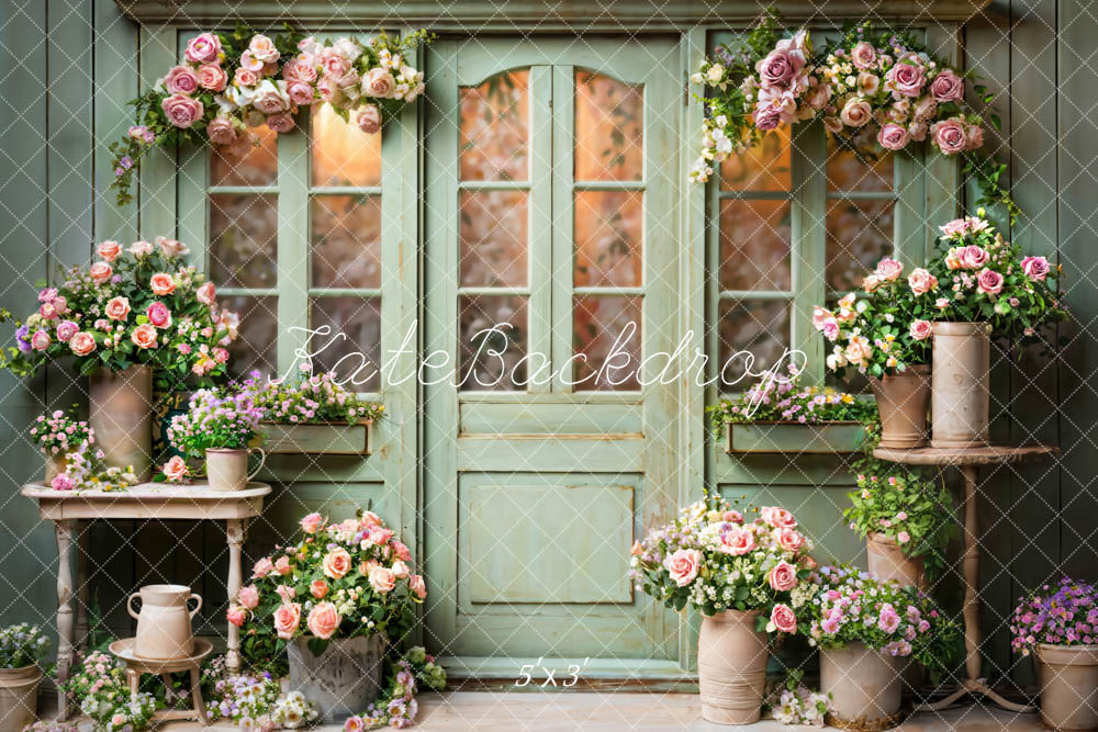 Kate Pet Spring Flowers Green Wooden Door Backdrop Designed by Emetselch