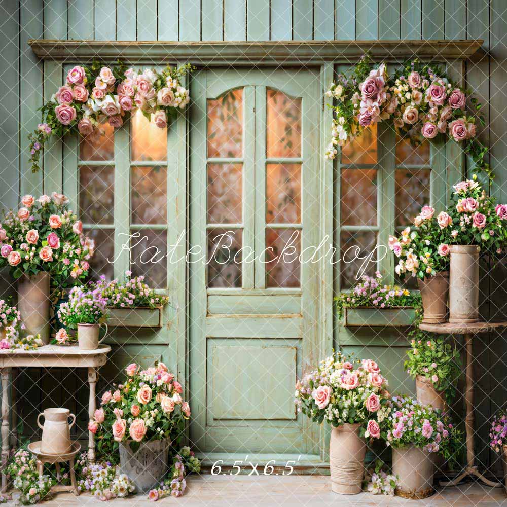 Kate Pet Spring Flowers Green Wooden Door Backdrop Designed by Emetselch