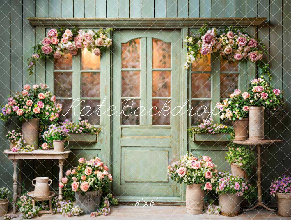 Kate Spring Flowers Green Wooden Door Backdrop Designed by Emetselch