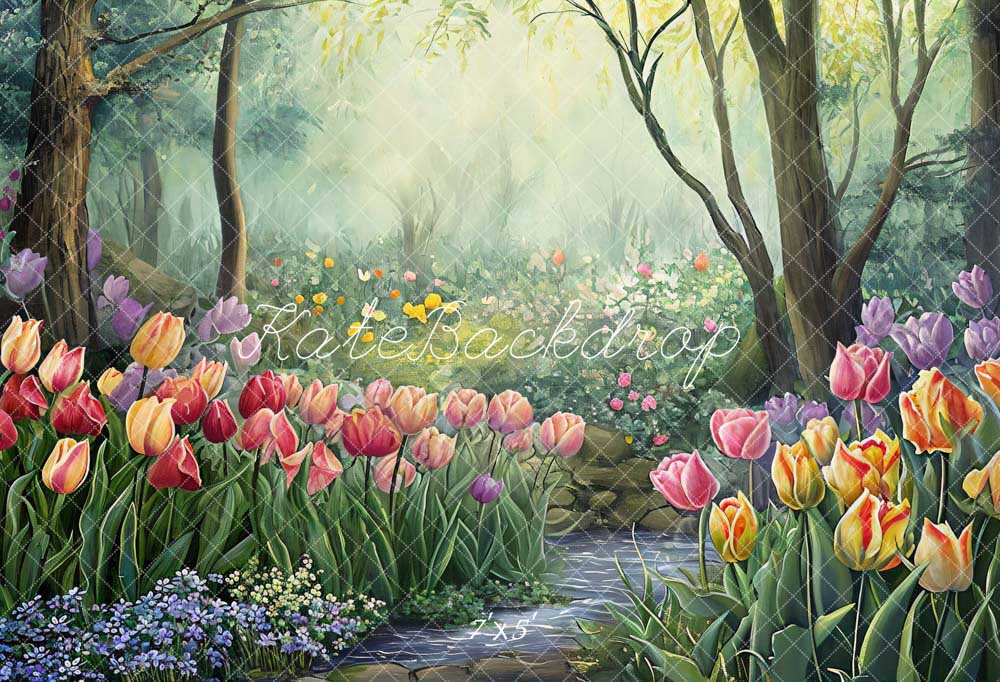 Kate Spring Flowers Forest Oil Painting Style Backdrop Designed by GQ