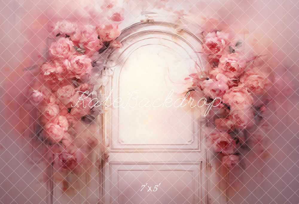 Kate Pink Flowers Wooden Door Oil Painting Style Backdrop Designed by GQ