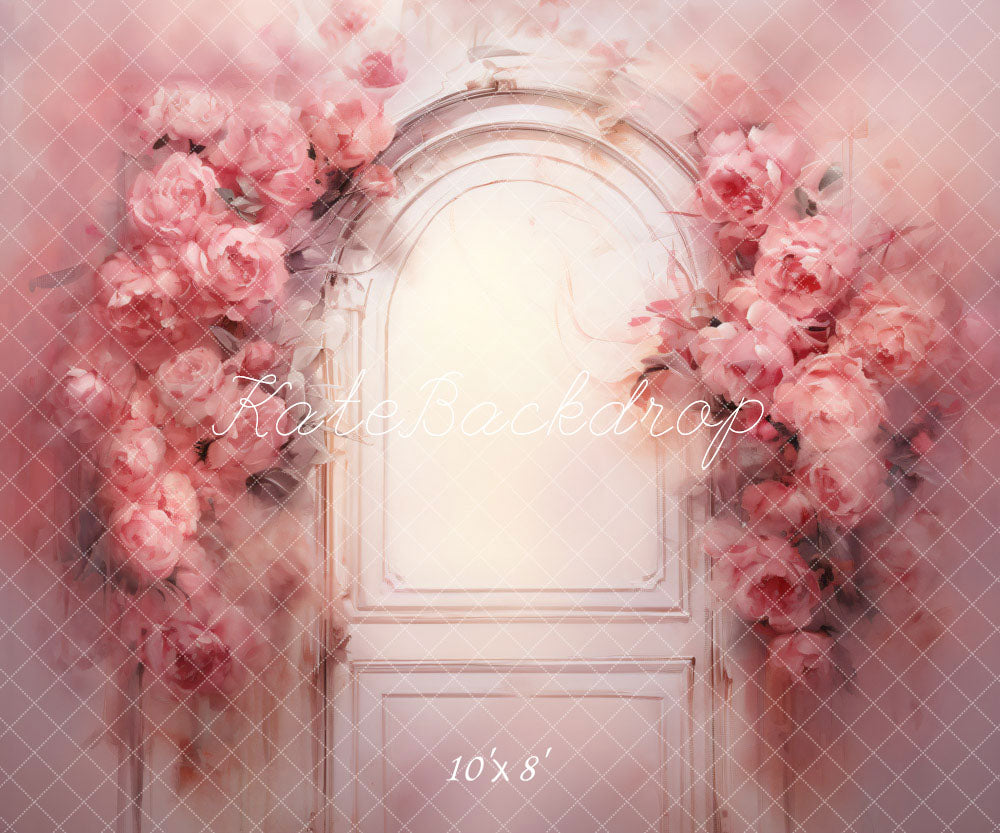 Kate Pink Flowers Wooden Door Oil Painting Style Backdrop Designed by GQ