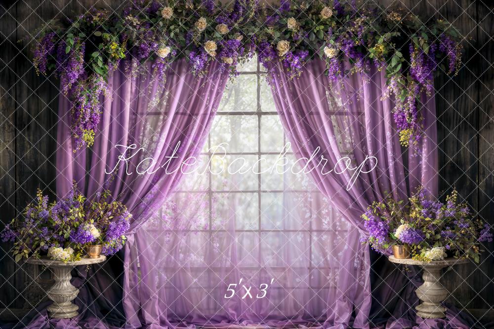 Kate Spring Purple Curtains Fresh Flowers Backdrop Designed by Chain Photography