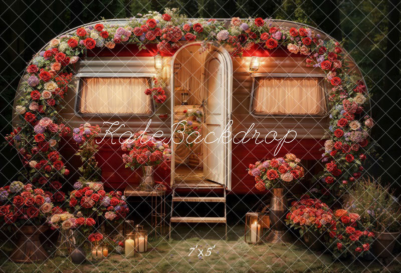 Flowral Retro Rv Romantic Floral Vintage Camper Backdrop