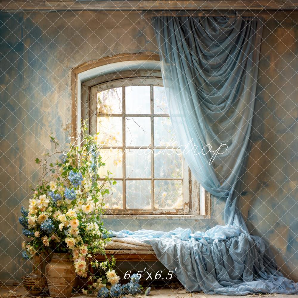 Kate Spring Blue Curtains Flowers Windows Room Backdrop Designed by Emetselch