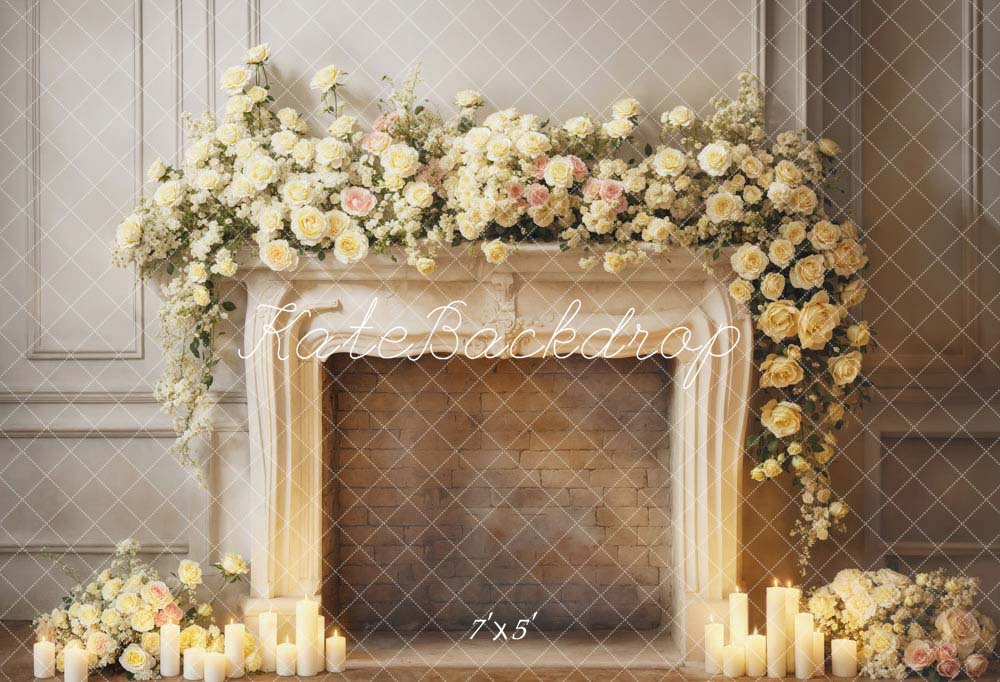 Kate Valentine's Day White Flowers Candle Fireplace Backdrop Designed by Emetselch