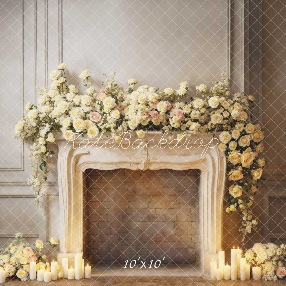 Kate Valentine's Day White Flowers Candle Fireplace Backdrop Designed by Emetselch