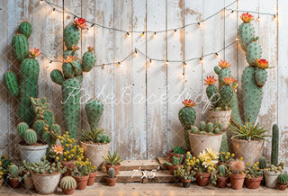 Kate Spring Cactus String Lights On Wooden Wall Printed Backdrop Designed by Emetselch