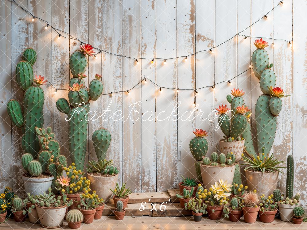Kate Spring Cactus String Lights On Wooden Wall Backdrop Designed by Emetselch