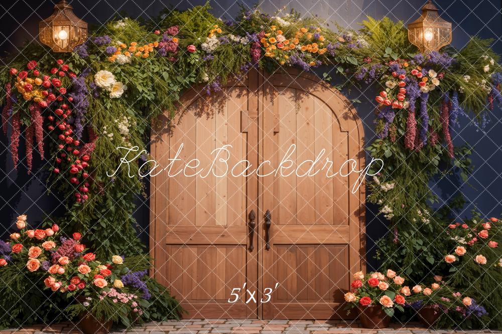 Kate Spring Flowers Lantern Wooden Door Backdrop Designed by Emetselch
