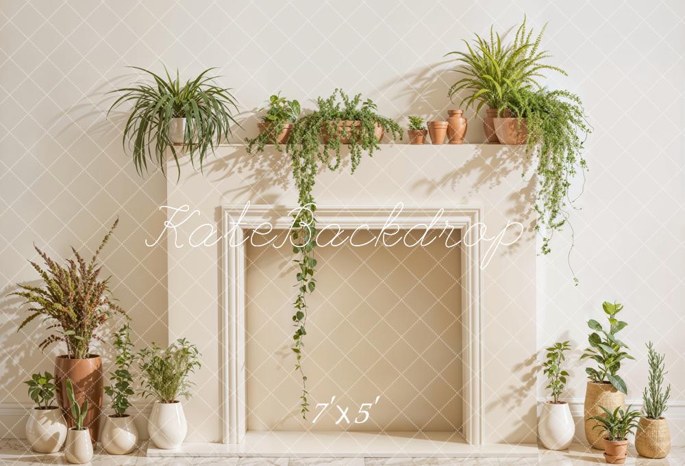 Kate White Fireplace With Spring Greenery Backdrop Designed by Emetselch