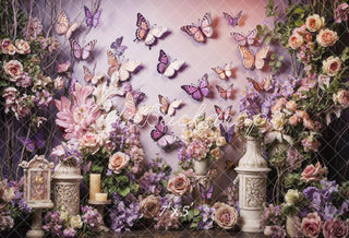 Kate Spring Pink and Purple Flowers Butterfly Wall Printed Backdrop Designed by Emetselch