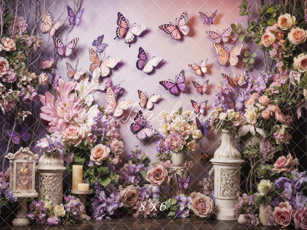 Kate Spring Pink and Purple Flowers Butterfly Wall Backdrop Designed by Emetselch