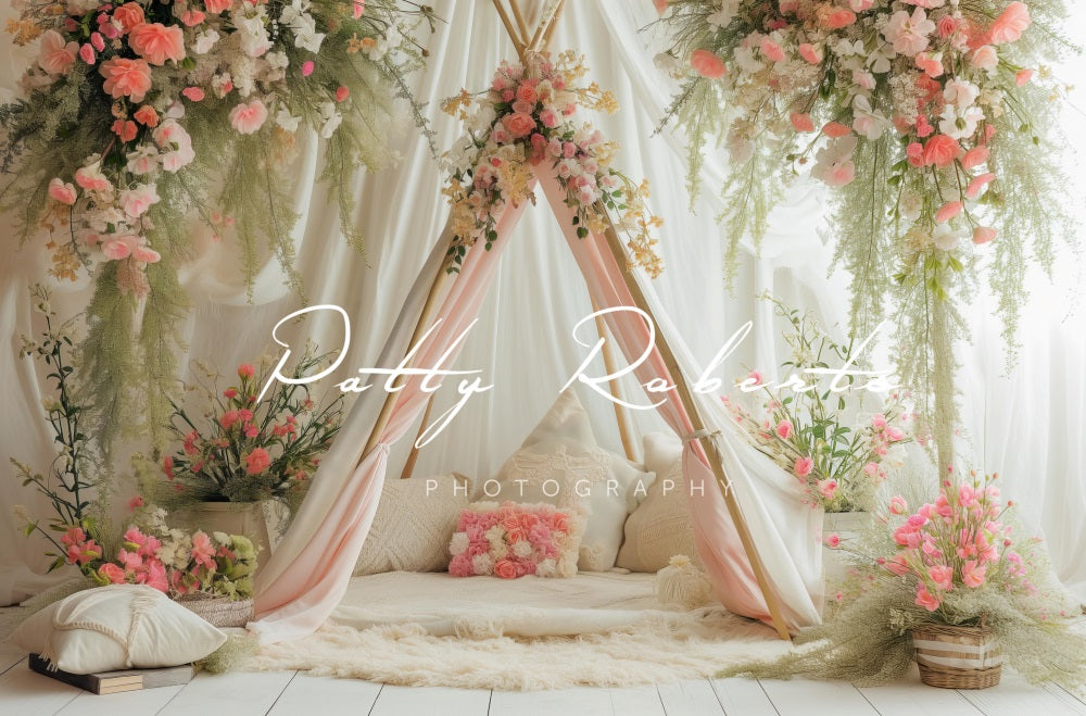 Kate White Spring Teepee with Flowers Backdrop Designed by Patty Robert