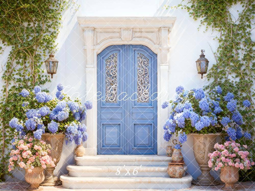Kate Spring Flowers Green Plants Blue Door Backdrop Designed by Emetselch