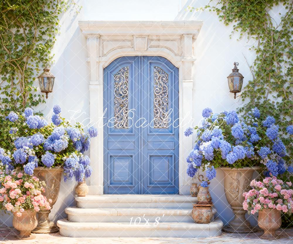Kate Spring Flowers Green Plants Blue Door Backdrop Designed by Emetselch