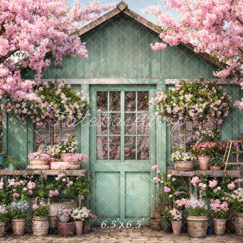 Kate Spring Flowers Green Wooden Door Backdrop Designed by Emetselch