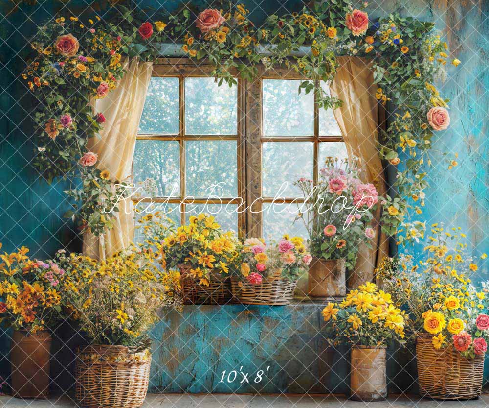 Kate Spring Flowers Blue Room Window Backdrop Designed by Emetselch