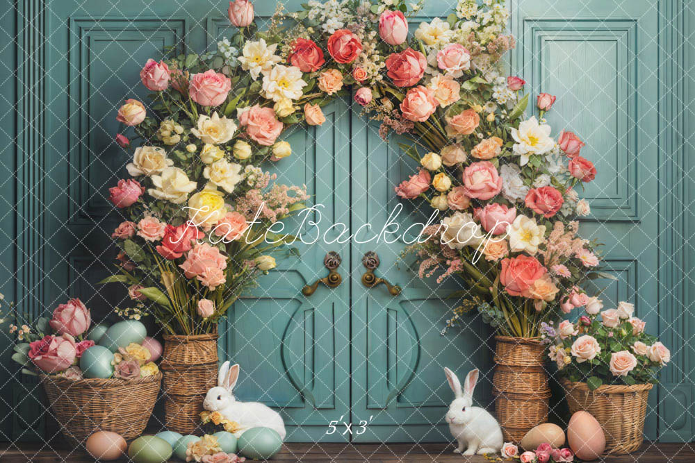 Kate Easter Bunny Flowers Blue Door Backdrop Designed by Emetselch