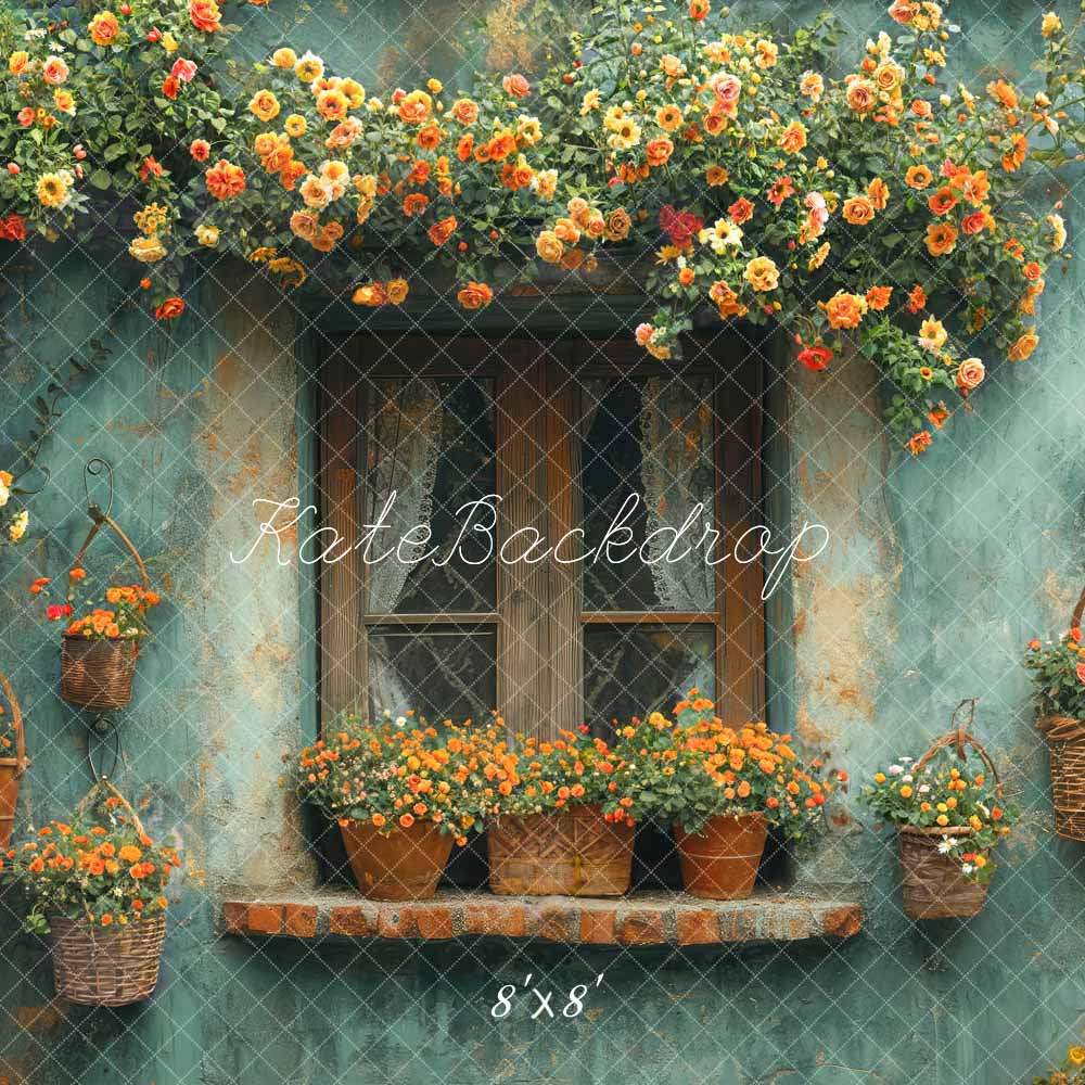 Kate Spring Flowers Blue Wall Windowsill Backdrop Designed by Emetselch