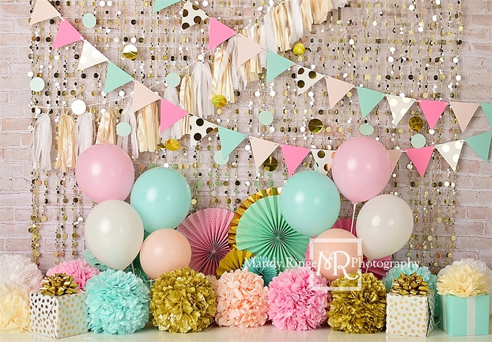 Kate Pink Teal Peach Gold and White Birthday Backdrop Designed by Mandy Ringe Photography