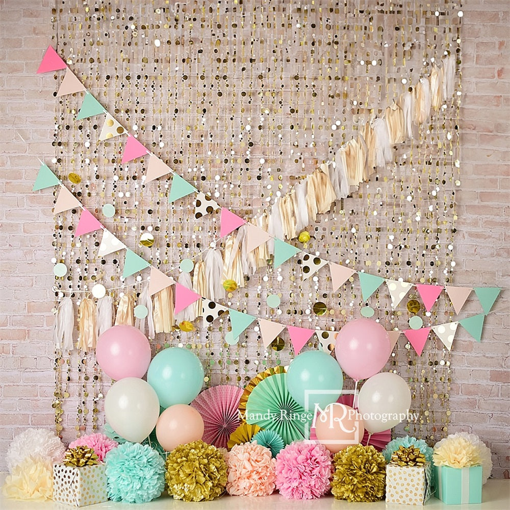 Kate Pink Teal Peach Gold and White Birthday Backdrop Designed by Mandy Ringe Photography