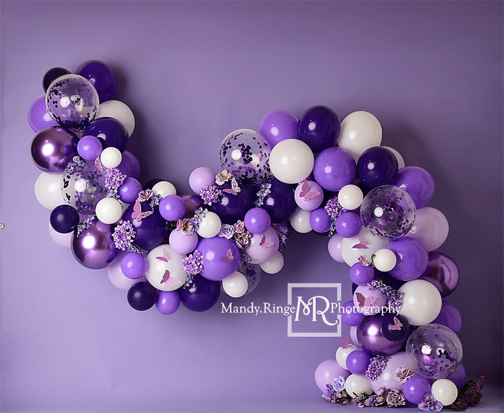Kate Purple and White Balloon Garland with Flowers and Butterflies Backdrop Designed by Mandy Ringe Photography