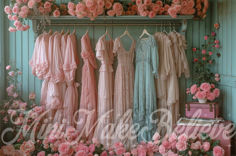 Kate Vintage Closet with Dresses and Flowers Backdrop Designed by Mini MakeBelieve