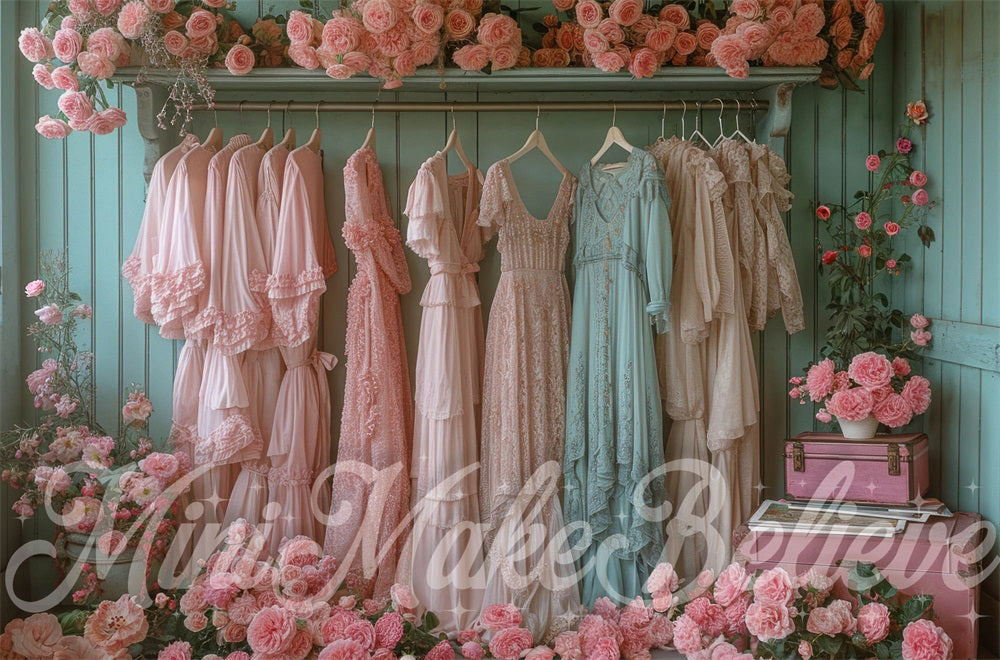 Kate Vintage Closet with Dresses and Flowers Backdrop Designed by Mini MakeBelieve