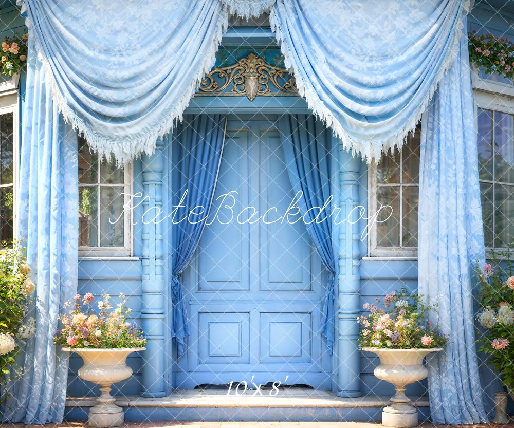 Kate Blue Curtain Windows Flower Room Backdrop Designed by Emetselch