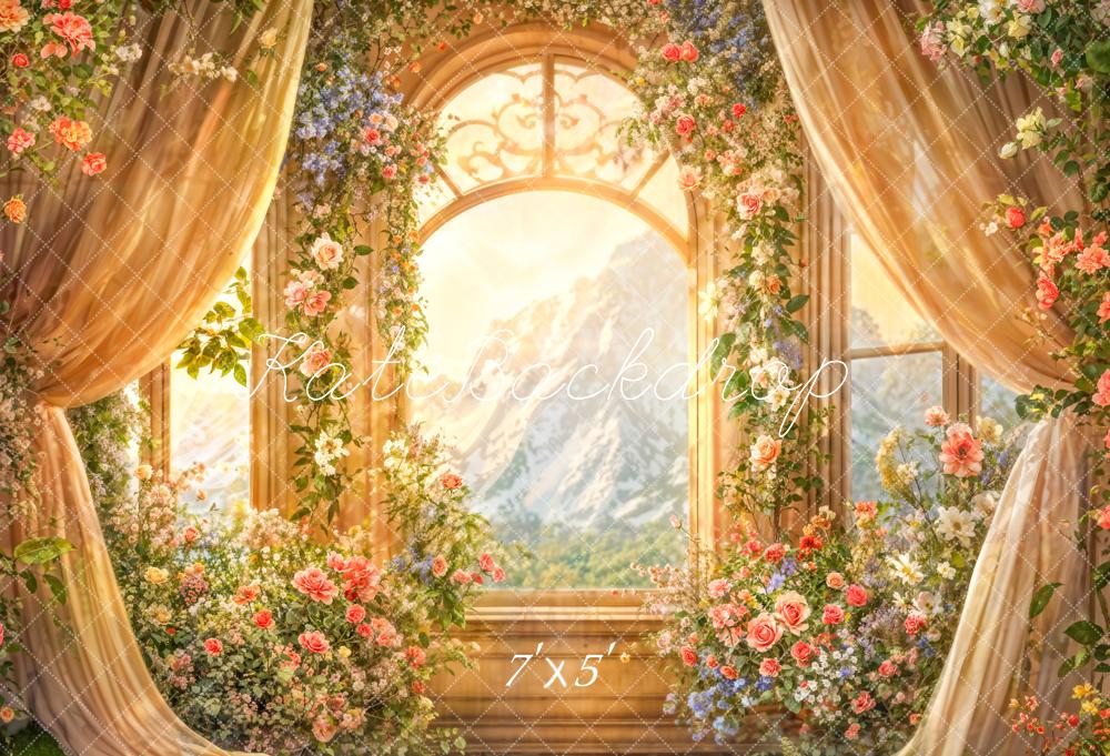 Romantic Floral Window Mountain Backdrop