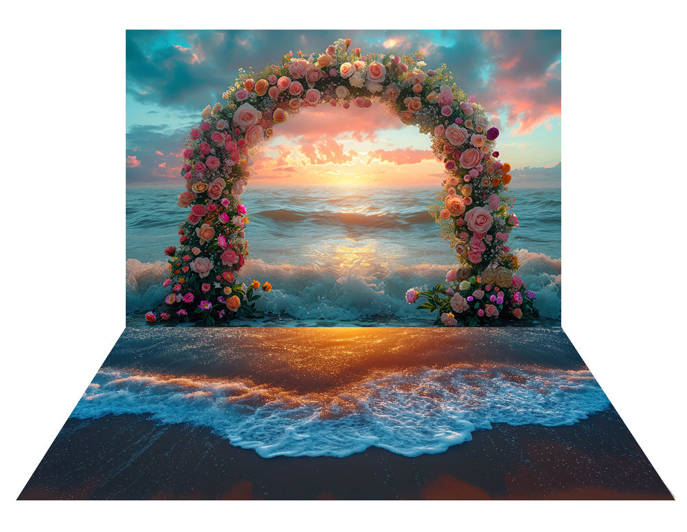 Kate Sunset Flower Arch Ocean Backdrop+Ocean Beach Wave Sunset Rubber Floor Mat