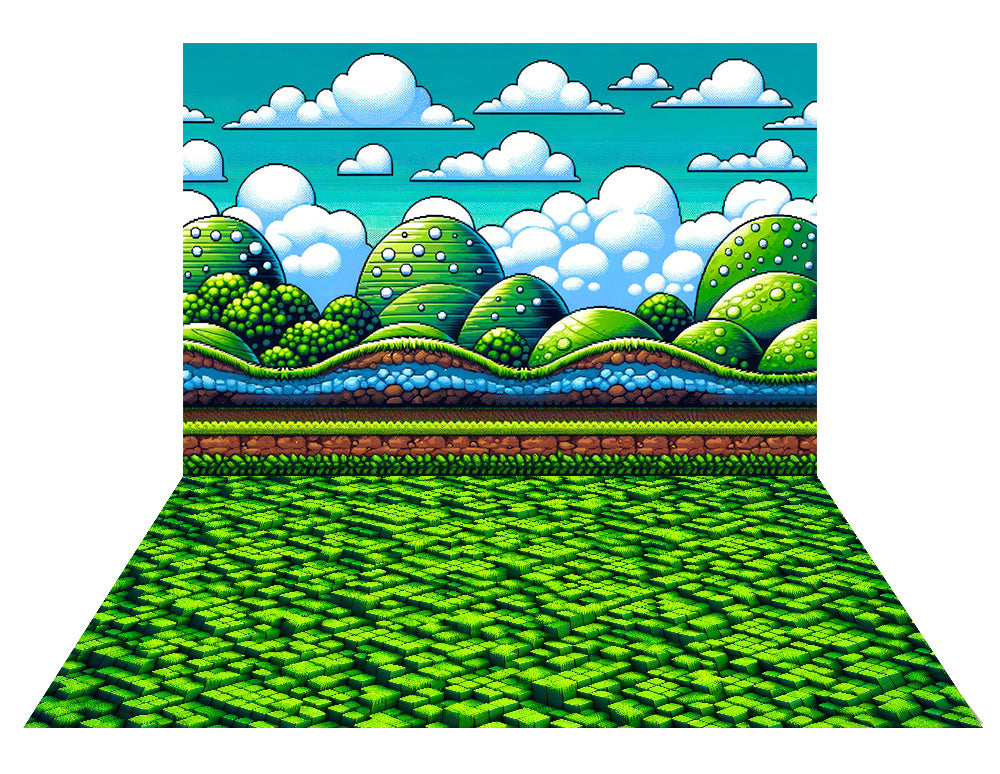 Kate 8 Bit Game Backdrop+Eight Bit Green Grass Rubber Floor Mat