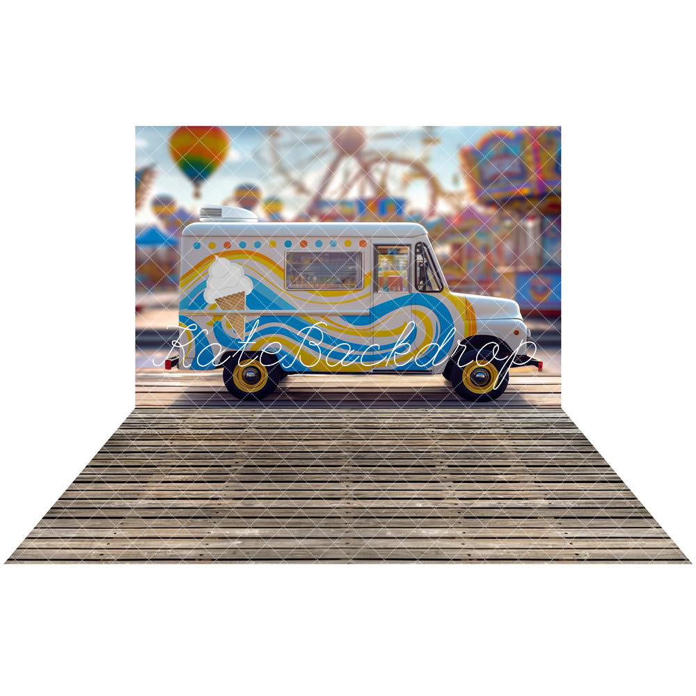 Kate Ice Cream Truck Day Backdrop+Dark Brown Wooden Boardwalk Rubber Floor Mat