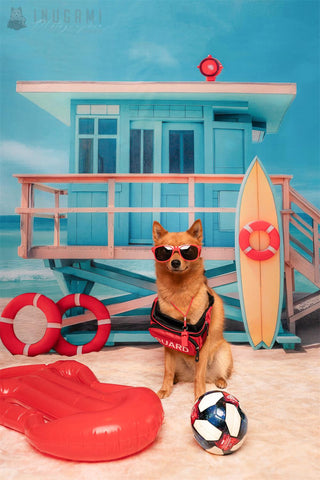 Kate Summer Beach Blue House Lifeguard Printed Backdrop Designed by Mini MakeBelieve