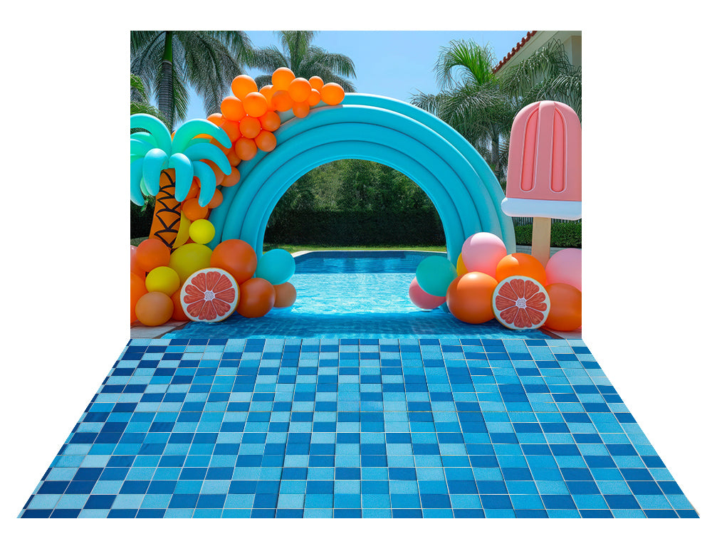 Kate Summer Pool Balloon Arch Backdrop+Classicial Blue Pool Grid Rubber Floor Mat