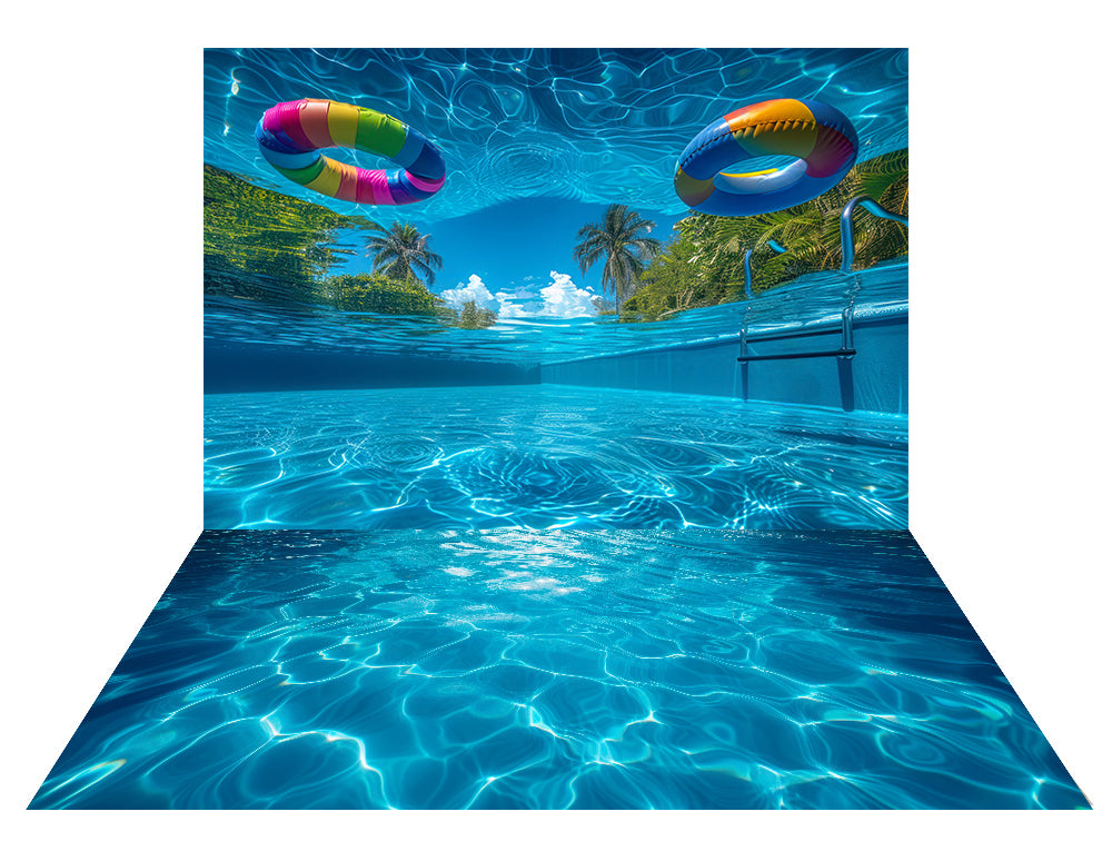 Kate Summer Pool Underwater Backdrop+Summer Blue Water Pool Rubber Floor Mat