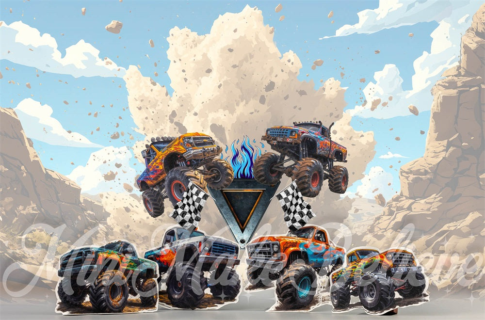 Kate Cartoon Storm Racing Game Blue Monster Truck Backdrop Designed by Mini MakeBelieve