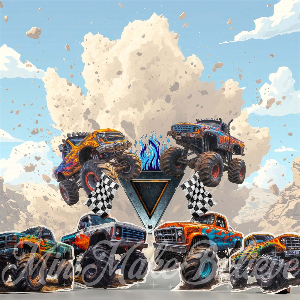 Kate Cartoon Storm Racing Game Blue Monster Truck Backdrop Designed by Mini MakeBelieve