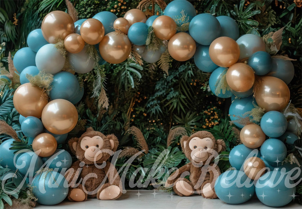 Kate Green and Gold Monkey Plant Balloons Arch Backdrop Designed by Mini MakeBelieve
