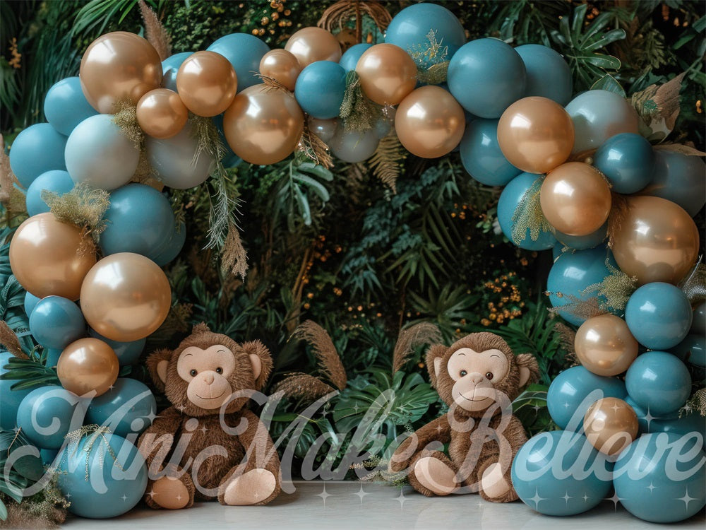 Kate Green and Gold Monkey Plant Balloons Arch Backdrop Designed by Mini MakeBelieve