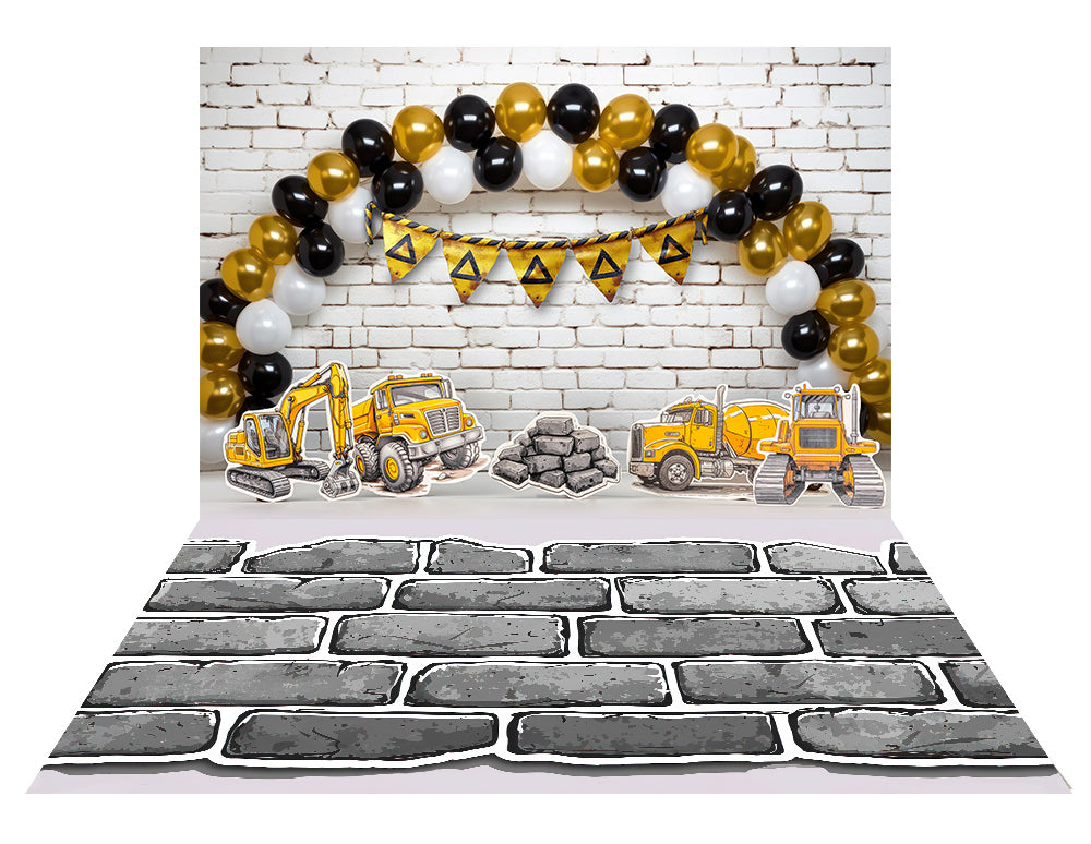 Kate Cake Smash Construction Gold Black White Balloons Arch Wall Backdrop+Grey Construction Brick Rubber Floor Mat
