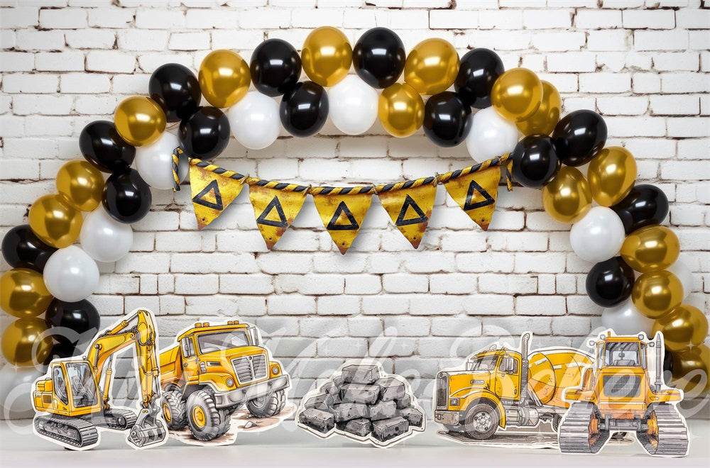 Kate Cake Smash Construction Gold Black White Balloons Arch  Wall Backdrop Designed by Mini MakeBelieve